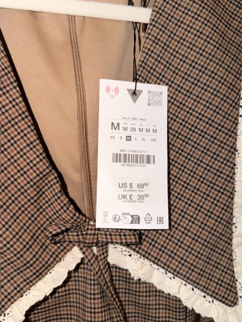 ZARA Brown Check Lace Collar Puff Sleeve Mini Dress Size M NWT - Picture 4 of 6